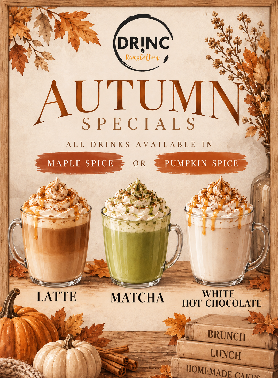 DRINC Autumn Specials - Maple Spice and Pumpkin Spice available in Latte, Matcha and White Hot Chocolate