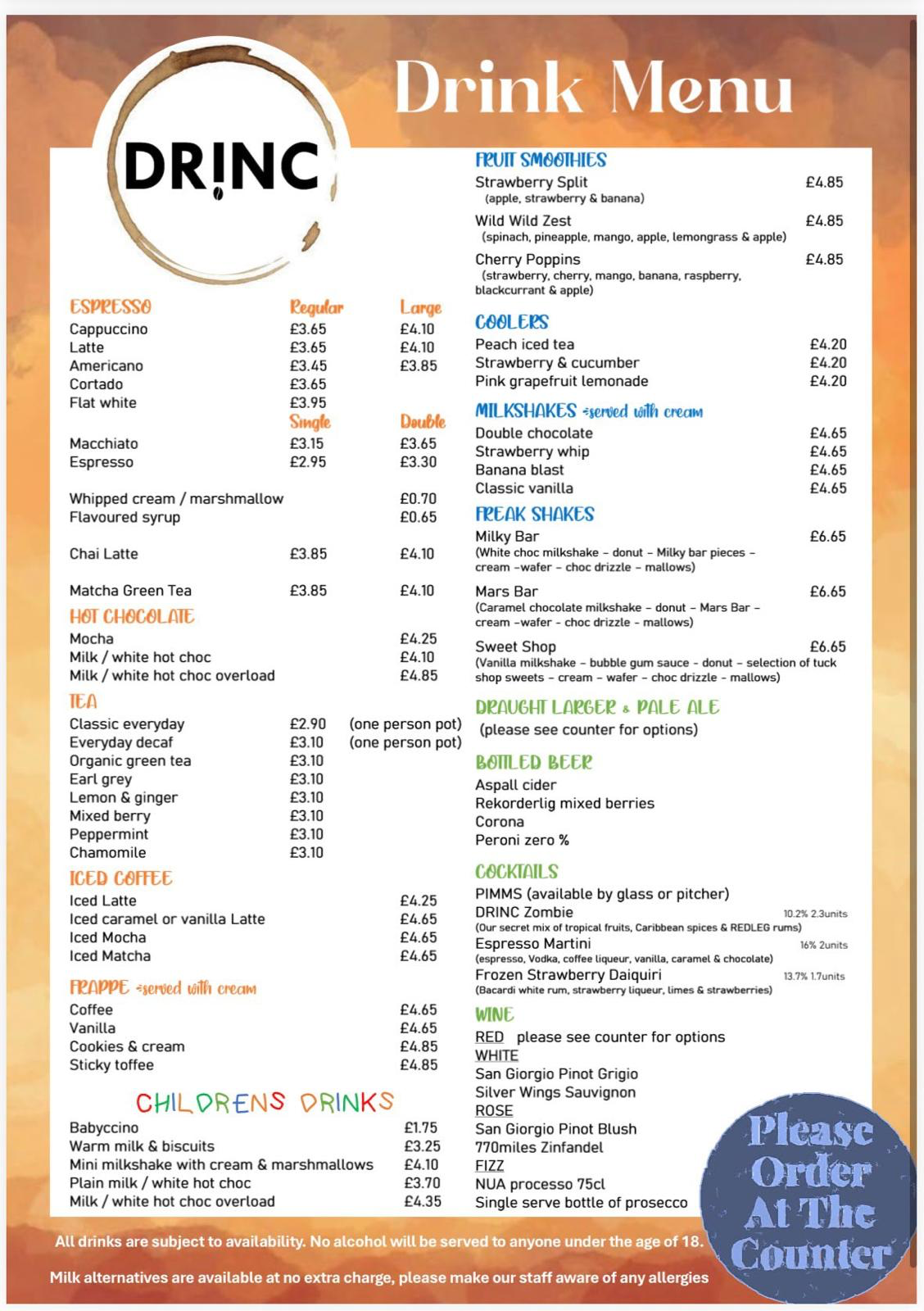 DRINC Coffee Bar Ramsbottom full drinks menu - espresso, hot chocolate, tea, frappes, smoothies, milkshakes, freakshakes, cocktails, wine and beer
