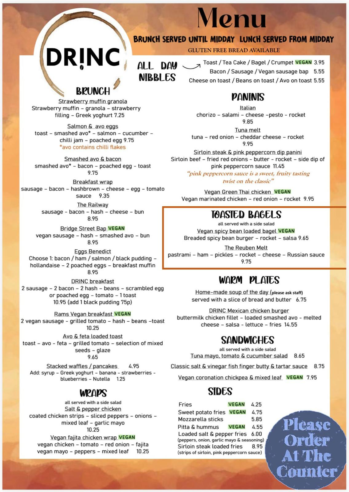 DRINC Coffee Bar Ramsbottom full menu - brunch, lunch, paninis, wraps, bagels, sides and more